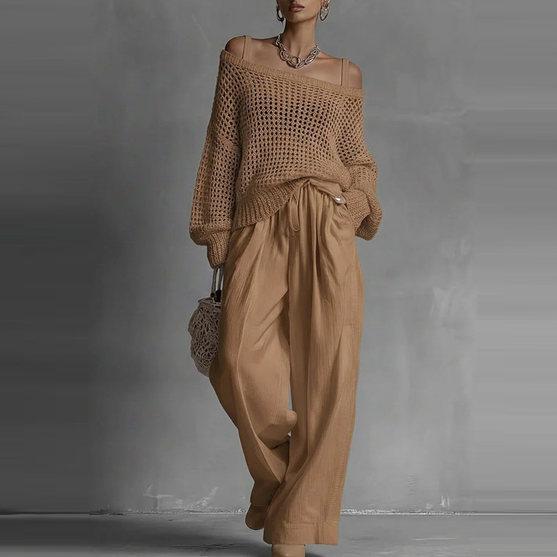 Linen Pant Wide - Fashion Solid One Shoulder Long Sleeved