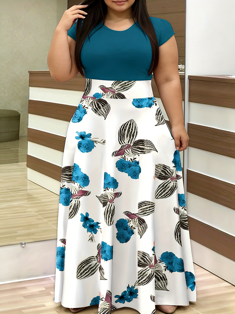 Romper Floral Print - Plus Size Women's Dress Crew Neck