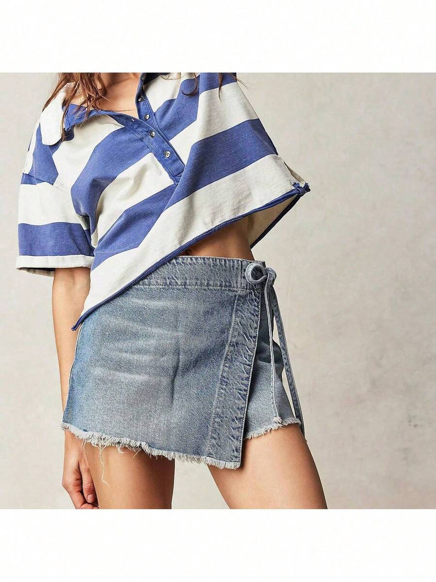 Shorts Denim Frayed - Women Denim Wrap Skort High Waist