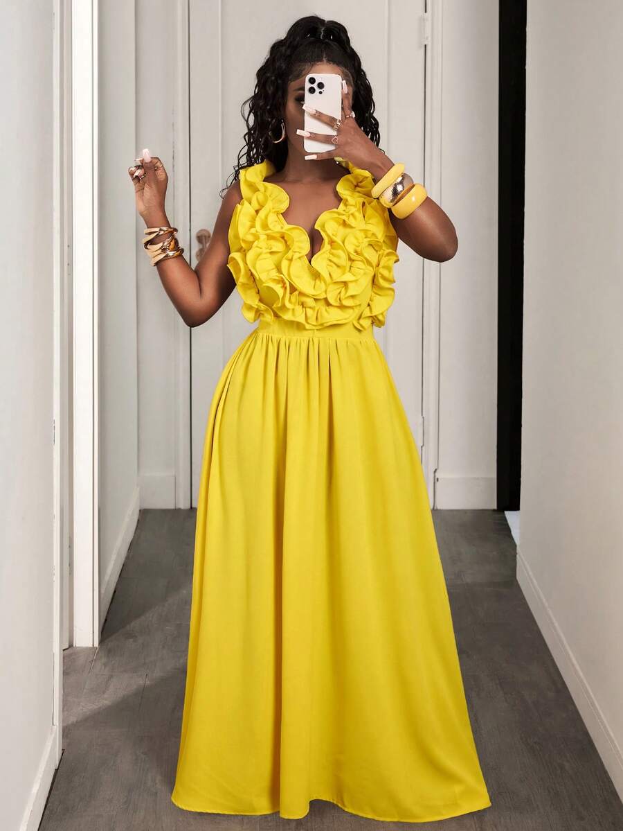 Yellow Deep V-Neck Ruffle Halt – Maxi Dress Halter Bewertung und Preis