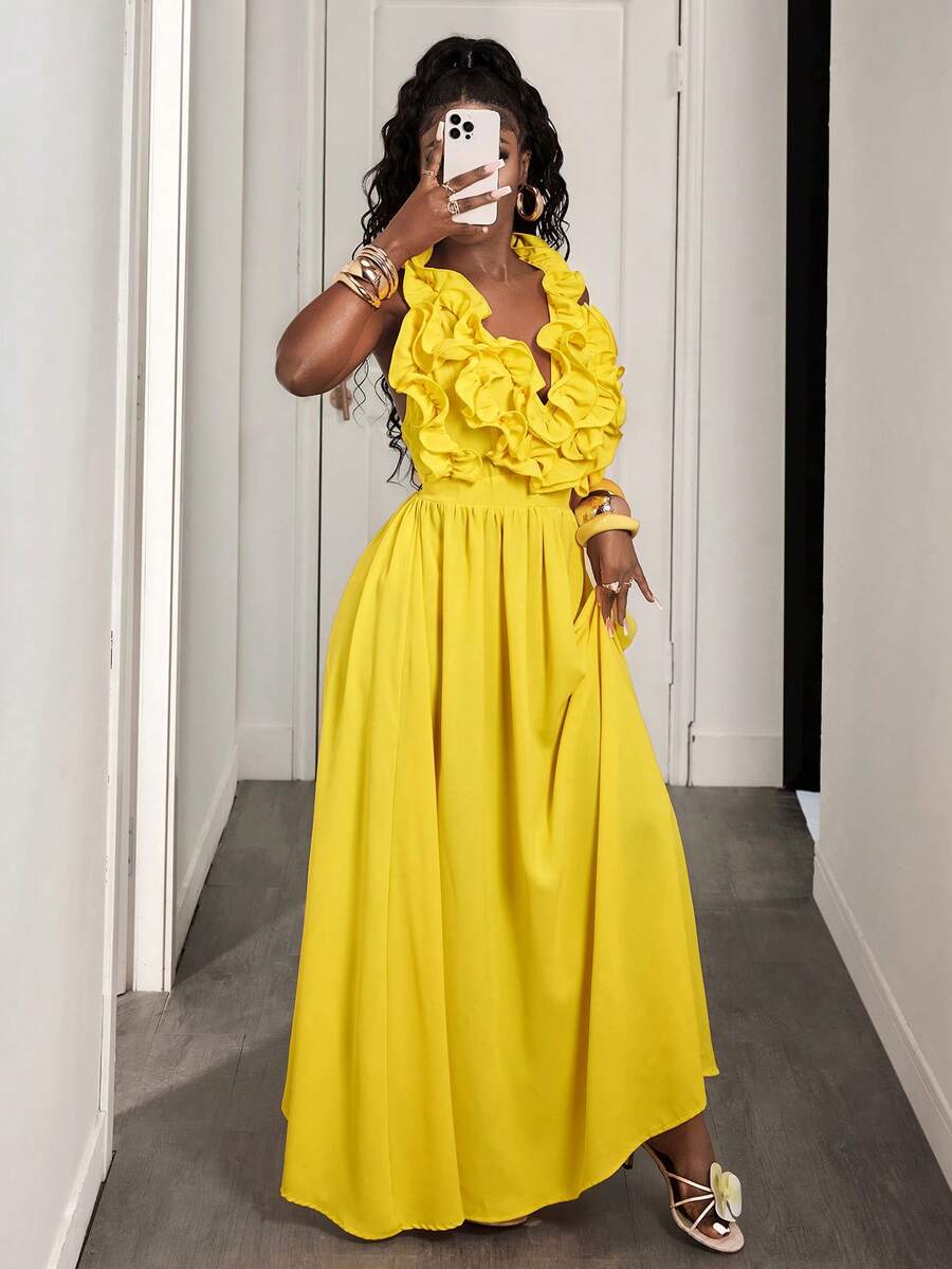 Yellow Deep V-Neck Ruffle Halt – Maxi Dress Halter Bewertung und Preis