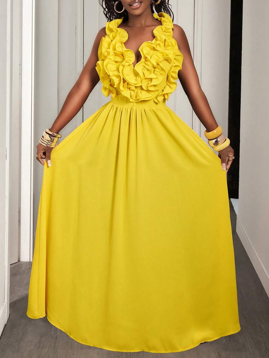 Yellow Deep V-Neck Ruffle Halt – Maxi Dress Halter Bewertung und Preis