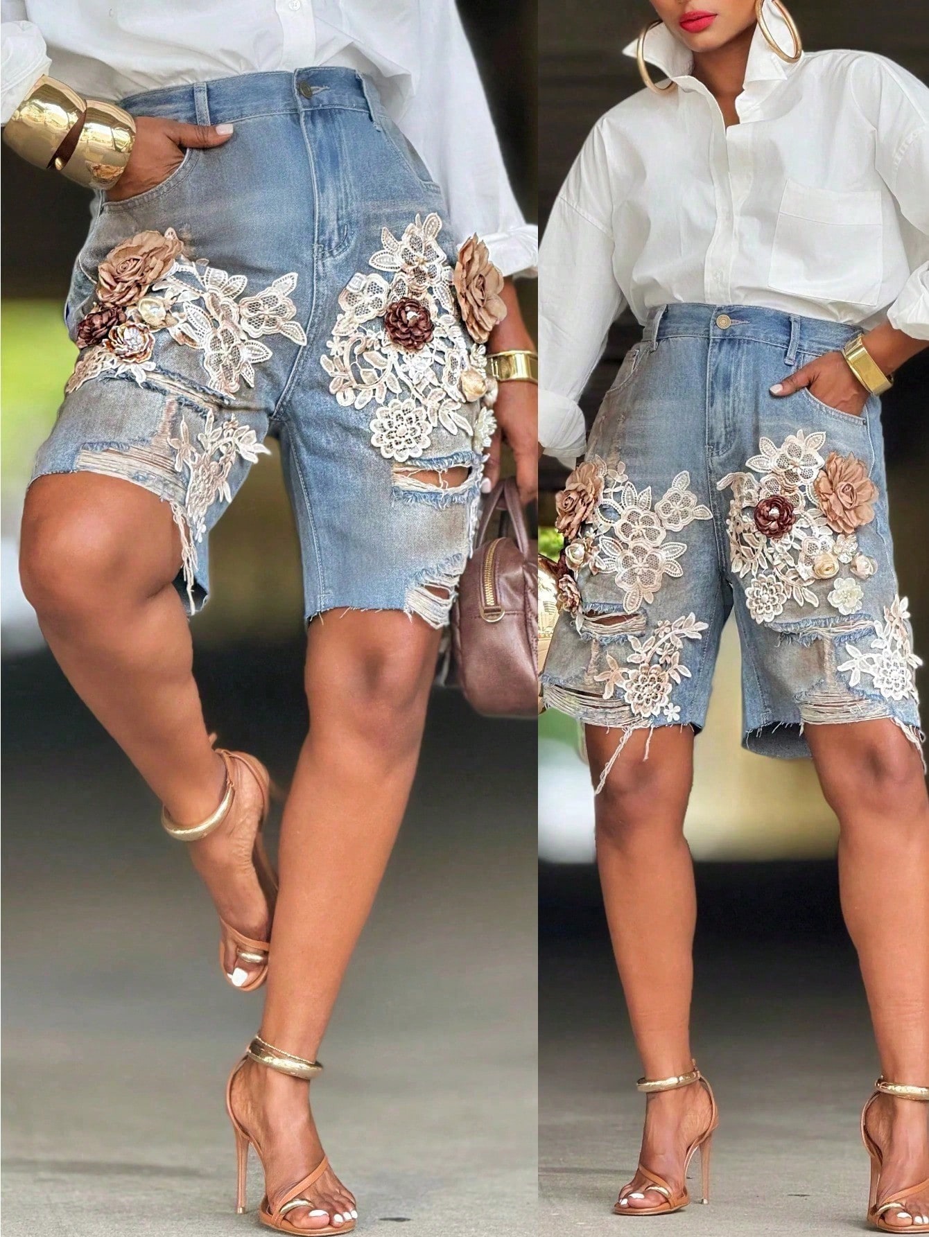 GLOURI Women 3D Floral Appliqu – Shorts Denim Frayed Bewertung und Preis