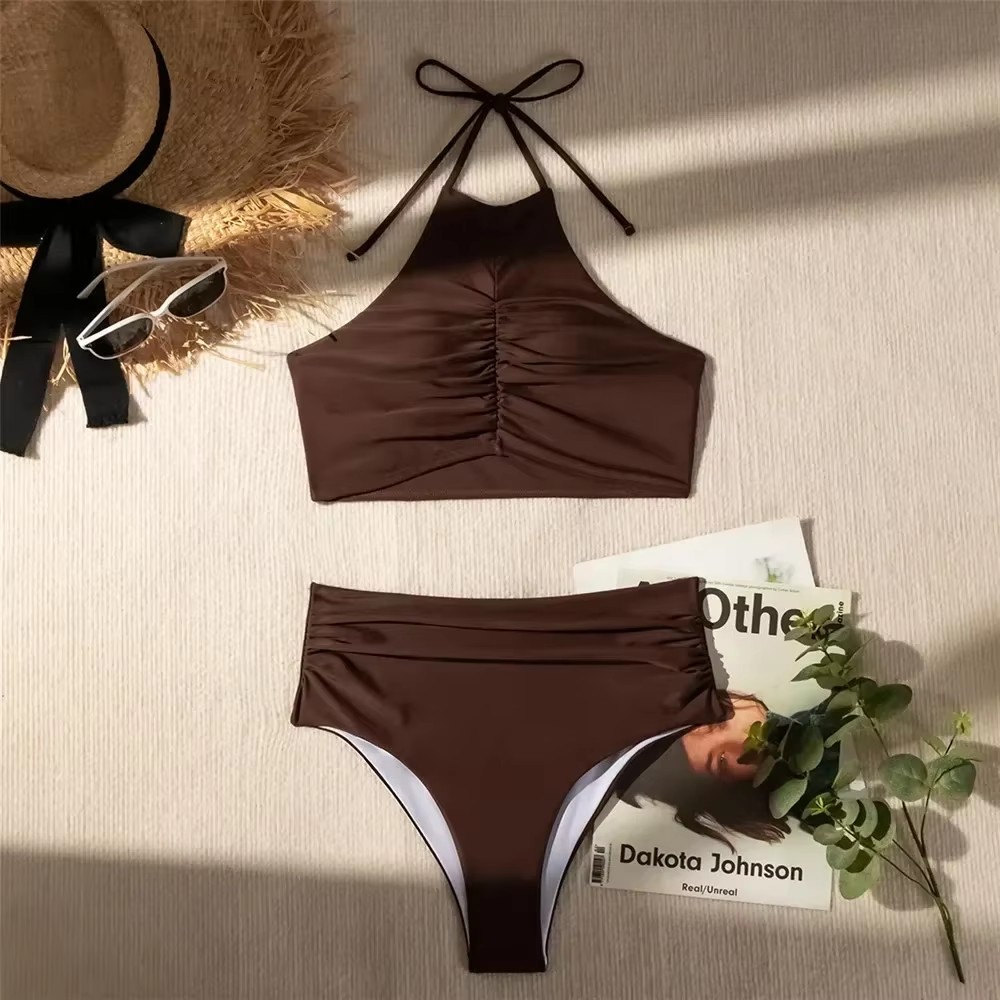 Dark Brown Solid Swimwears Hal – Swimsuit Bikini Ruched Bewertung und Preis