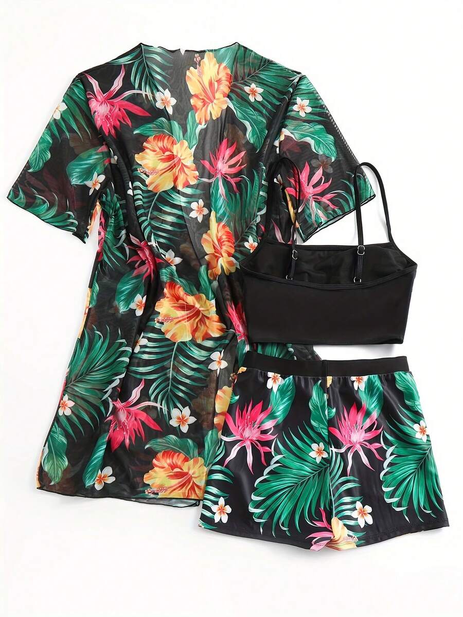 Floral Print 3-Piece Swim Set: – Kimono Sheer Floral Bewertung und Preis