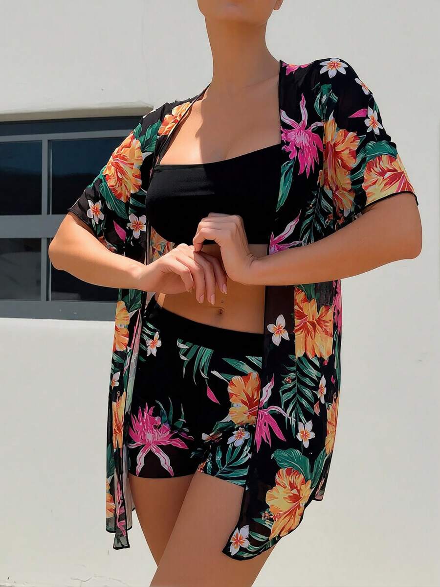 Floral Print 3-Piece Swim Set: – Kimono Sheer Floral Bewertung und Preis