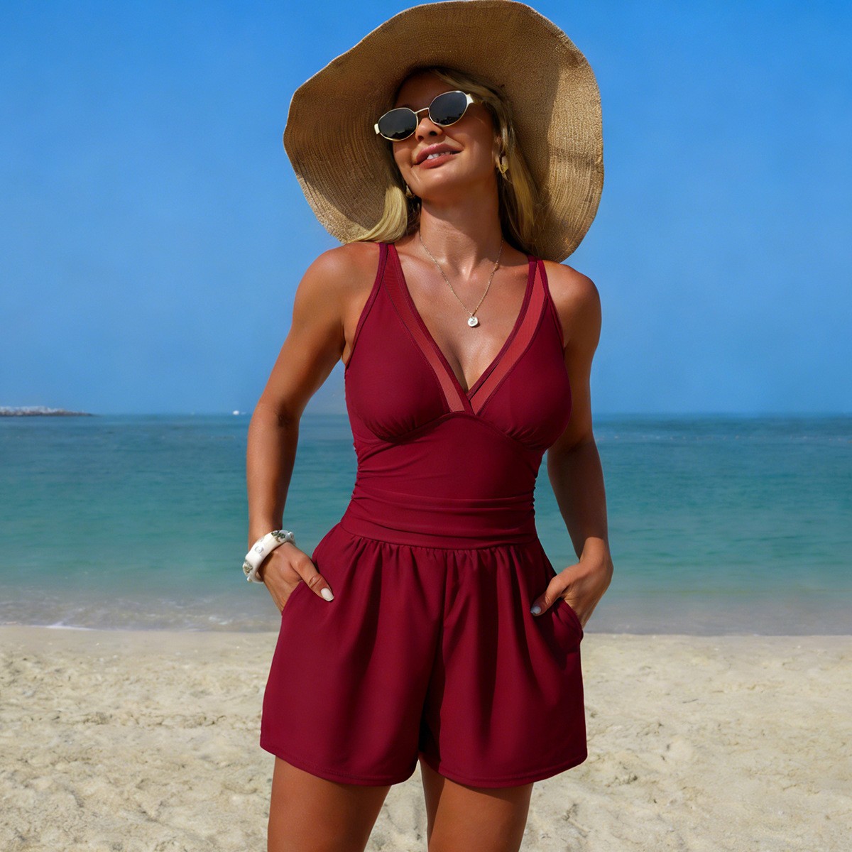 Black Solid Color Sleeveless V – Swimsuit Bikini Ruched Bewertung und Preis