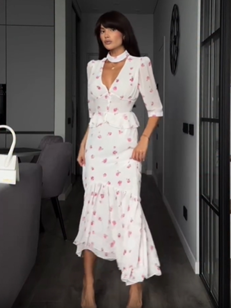 Women White Pink Floral Choker – Midi Skirt Floral Bewertung und Preis