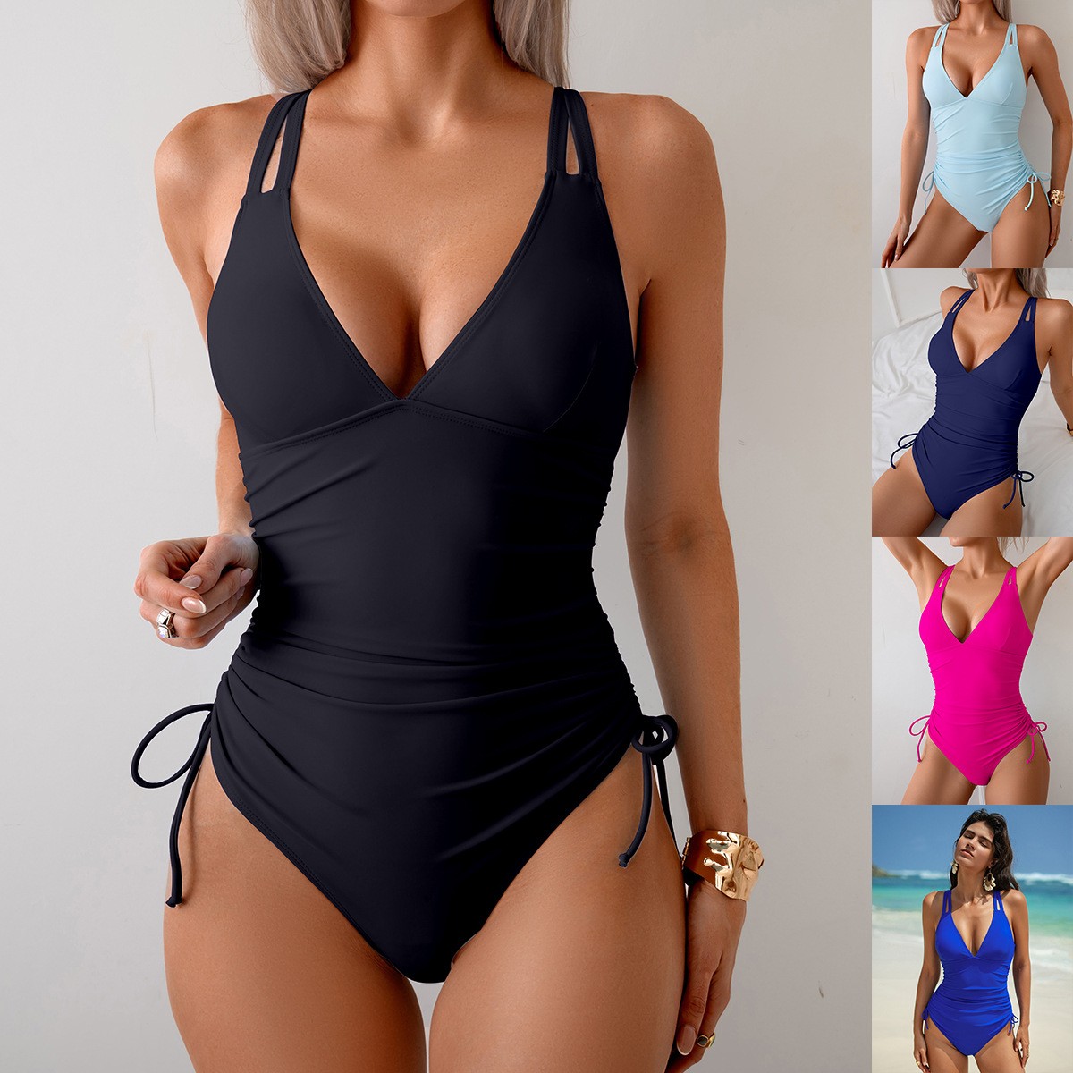 Solid Black Swimsuit V Neck Ru – Swimsuit Bikini Ruched Bewertung und Preis