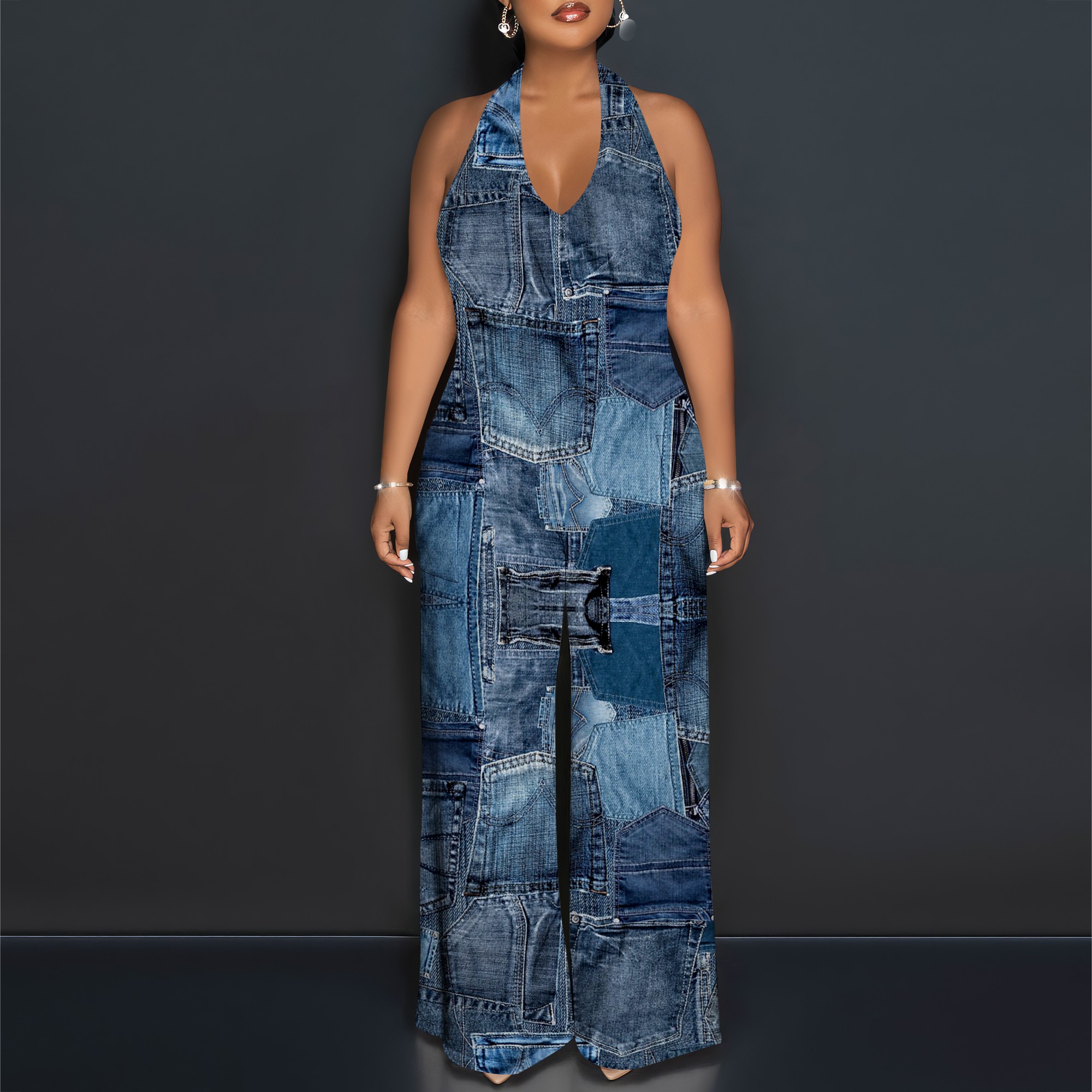 Denim Patchwork Halter V-Neck  – Maxi Dress Halter Bewertung und Preis